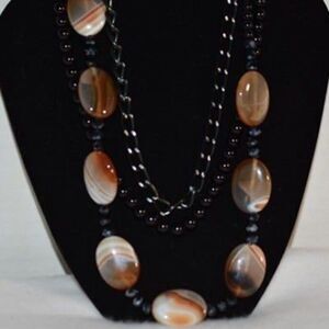 Vintage Natural Red Brown Agate Stone Black Bead Gunmetal Chain Boho Necklace